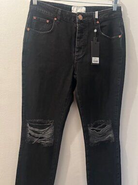 One Teaspoon Worn Black Truckers Mid Rise Straight Leg Distressed Jeans NWT